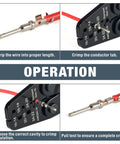 Close-up of 2 Pin Deutsch DT Gray Connector Kit For Auto Wiring 8 Pairs with crimping tool and wire preparation steps.