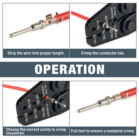 Close-up of 2 Pin Deutsch DT Gray Connector Kit For Auto Wiring 8 Pairs with crimping tool and wire preparation steps.