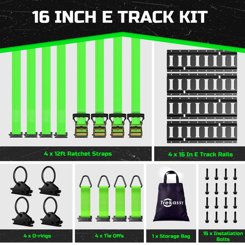 E Track Tie Down Rail Kit 4 Pack 16 Inch Rails With 12 Ft Ratchet Straps O Rings Tie Offs Storage Bag For Trailers Vans Trucks And Garages Heavy Duty Cargo Securement