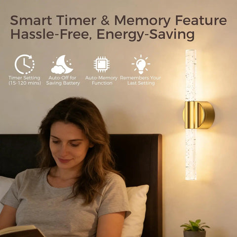Woman reading by Battery Operated Wall Sconces Set Of 2 In Gold, Wireless Magnetic LED Wall Lights With Remote in bedroom.