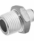 Heavy Duty 2 In X 1 In Reducing Hex Nipple Stainless Steel Pipe Fitting With Pre Applied PTFE Thread Sealant Class 150 Npt Male Male Thread Straight Shot Sealing close-up view with PTFE sealant.