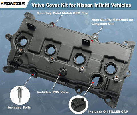 Bolt-On Valve Cover Replacement Kit with Gasket Bolts and Oil Filler Cap for 2013-2018 Nissan Altima, 2.5L Engine, shown in layout