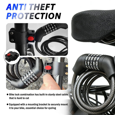 4ft 5 Dial Resettable Bike Lock Cable With Quick Release Mount High Strength Anti Cut Security For Bikes Scooters And Motorcycles Set Your Own 5 Digit Combination For Easy Everyday Lockups showing lock mechanism and mount.