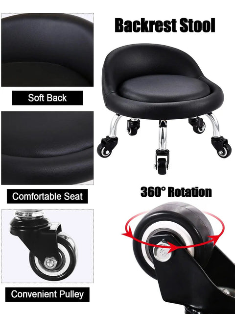 Low Profile Rolling Stool On Wheels With Back Rest And Leather Cushion 360 Degree Swivel Compact Round Seat For Home Office