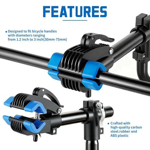 Close-up of Wall Mounted Bike Repair Stand clamp with 360-degree swivel for road and mountain bikes, designed with heavy-duty iron