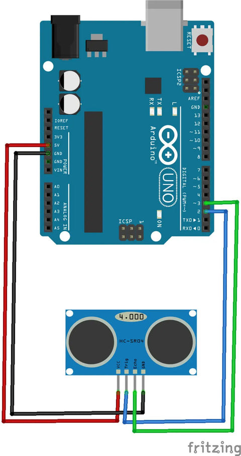 HC-SR04 Ultrasonic Distance Sensor Module For Arduino UNO MEGA2560 Nano Projects XBee ZigBee Five Pack With Precise 2cm-500cm Range And 0.3 cm Accuracy Angled Detection Under 15 Degrees, wired to Arduino Uno
