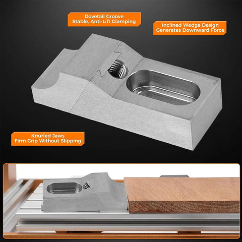 Detail of Compact Low Profile CNC Side Clamp Vise Made From Hardened S136H Mold Steel showing dovetail groove and knurled jaws.