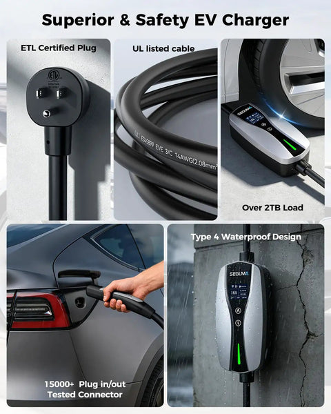 Next Level Nacs Station For Tesla Drivers Featuring Hella Fast Level One And Two Charging with ETL Certified Plug and UL listed cable.