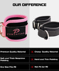 Heavy Duty Ankle Straps For Cable Machines Secure Fit Glute Kickback Cuffs with pink neoprene padding and steel rings.