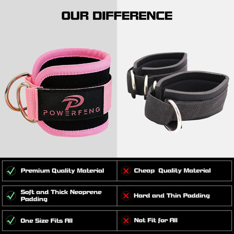 Heavy Duty Ankle Straps For Cable Machines Secure Fit Glute Kickback Cuffs with pink neoprene padding and steel rings.