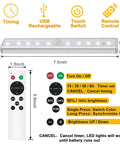 Diagram of Six Pack Wireless Under Cabinet Lights With Remote Control, showing dimensions, remote features, and LED functions