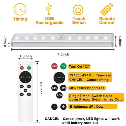 Diagram of Six Pack Wireless Under Cabinet Lights With Remote Control, showing dimensions, remote features, and LED functions