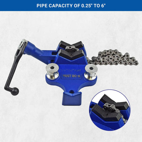 6 Inch Bench Chain Vise For Heavy Duty Pipe Work, top view showing clamp capacity, cast iron body, and blue finish.