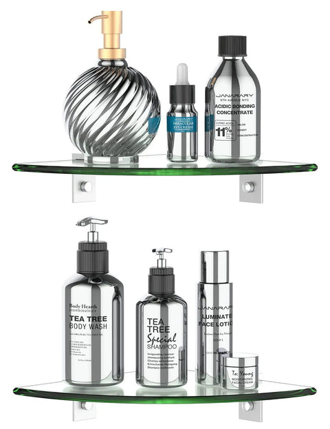 No-Drill Corner Shower Shelf Kit, 9.5 X 9.5 Inch Tempered Glass Shelves with Aluminum F Design Brackets, 2 Pack Wall Mounted Bathroom Organizer