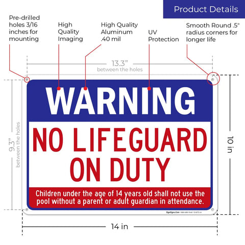 No Lifeguard On Duty Pool Sign For Safety, 10x14 Inch Aluminum, Rust Free And Fade Resistant, Indoor Outdoor Pool Warning Sign, Weatherproof And UV Protected, Built Tough Made In USA