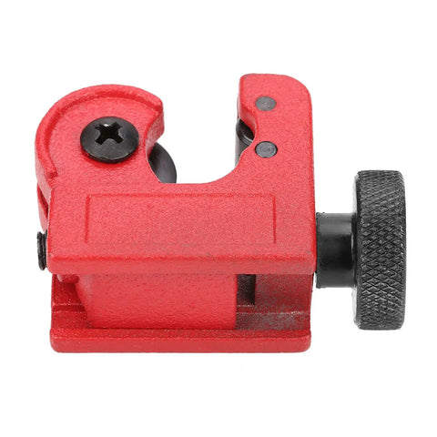 Compact Tube Cutter With Ball Bearing Roller 3 to 16mm Capacity Alloy Steel Pipe Cutter For Copper Aluminum And Metal Tubing Handy Home Repair And Workshop Tool - close-up side view showing red alloy steel body with cutting wheel and adjustment knob.