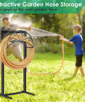 Heavy Duty Garden Hose Holder With Freestanding Steel Frame Holds Up To 160 Feet Of Hoses 4 Spikes Hose Reel in use outdoors
