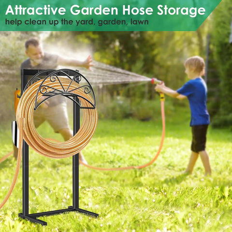 Heavy Duty Garden Hose Holder With Freestanding Steel Frame Holds Up To 160 Feet Of Hoses 4 Spikes Hose Reel in use outdoors