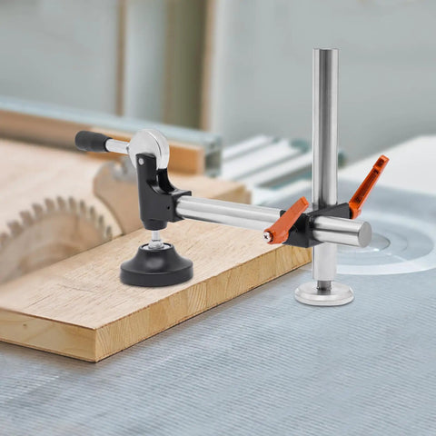 Heavy Duty Table Saw Presser With Adjustable Cast Iron Clamp For Woodworking Projects showing black and silver adjustable clamp on wood.