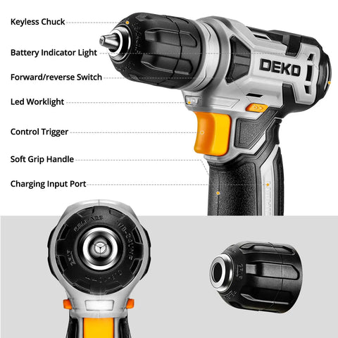 126 Piece DIY Tool Kit With 8V Cordless Drill showing key features like chuck, indicator light, soft grip, and charging port.