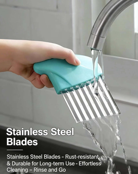 4-piece teal-handled crinkle cutter set with stainless steel wavy blades for vegetables
