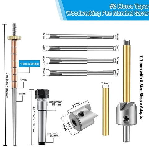 Straight Shots Precision Pen Mill Trimmer Kit With 8 Inch Turning Mandrel And Dual Pilot Cutter Shafts For Flawless Blank Prep showing tools and bushings.