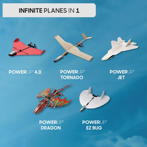 Five paper airplane designs including PowerUp 4.0, Tornado, Jet, Dragon, EZ Bug for the Next Gen Smartphone Controlled Paper Airplane Kit
