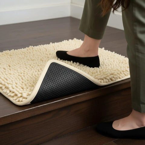 Foot stepping on rug with Heavy Duty Rug Gripper Pads With Adhesive Strips For Non Slip Carpet Corners Kit in use on stairs