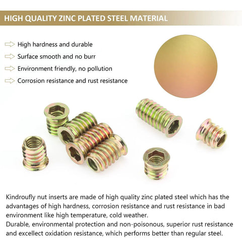 High-quality zinc plated steel heavy-duty 5/16-18 threaded inserts for wood furniture, 25mm length, arranged with text.
