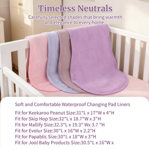 4 Pack Waterproof Changing Pad Liners For Universal Fit With Extra Thick Ultra Soft And Absorbent 2 Sided Reusable Diaper Mat That Fits Most Changing Pads Machine Washable Purple displayed on crib
