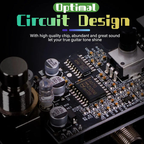 Close-up of circuit board in Noise Gate Pedal For Electric Guitars Mini Stompbox True Bypass 9V DC Power with chip components.