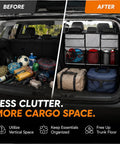 Before and after image showing organized storage with Multi Pocket Rear Seat Bag Optimized For Tesla Cybertruck 2023 Through 2026.