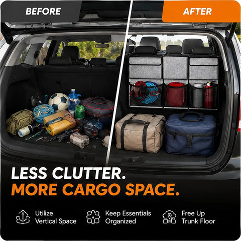Before and after image showing organized storage with Multi Pocket Rear Seat Bag Optimized For Tesla Cybertruck 2023 Through 2026.