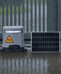 Solar Sliding Gate Opener System With 280W Motor That Powers Gates Up To 65.6 Ft And 1799 Lbs, Includes Two Remote Controls And Solar Panel For Easy, No Fuss Driveway Gate Access, shown in outdoor setting with motor and panel visible during rain.