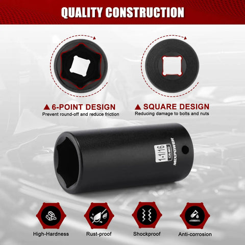 Half Inch Drive Deep Impact Socket in CRMO Steel with Radius Corner Design and Six Point Opening displayed on a background