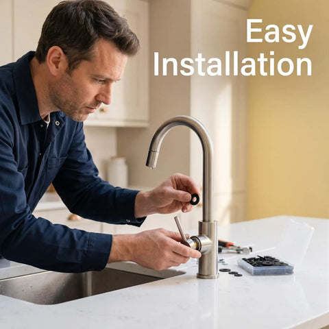 240 Piece Rubber Washers Set In 6 Sizes Black Sealing Gaskets For Plumbing And DIY Repairs Durable Heat Resistant Seals For Home Maintenance Projects Right Now. Man installing black rubber washer on kitchen faucet