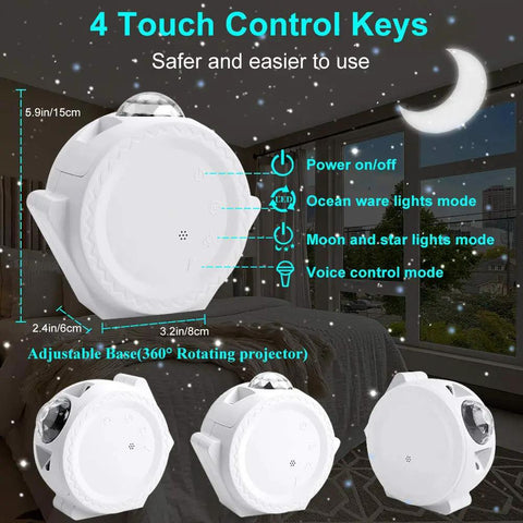 4 In 1 Galaxy Star Projector with Bluetooth Speaker Remote Voice Control and Timer showing touch control keys and modes.