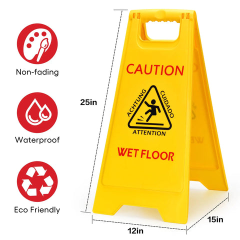 Three Pack 25 Inch Two Sided Wet Floor Caution Signs A Frame Fold Out Bright Yellow Multilingual Safety Warnings For Indoors And Outdoors Commercial Grade Heavy Duty