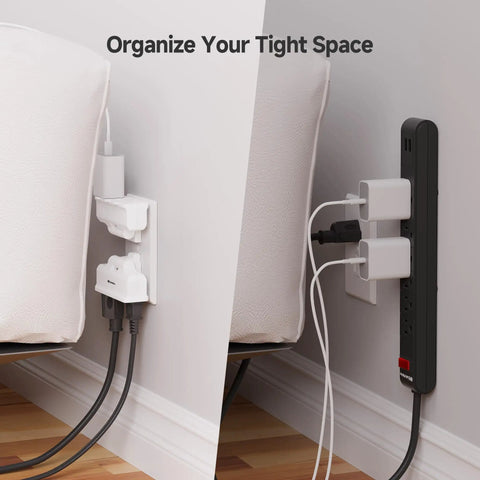 ETL Listed 2-Pack 3-Outlet Grounded Wall Tap With 180 Degree Swivel, behind couch, organizing cables, white color.