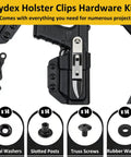 Super Slick Black Chicago Screws Fourteen Pack, Number Eight Thirty Two By One Quarter Inch Hardware For Pistol Sheaths And Kydex Builds, showing Kydex holster clips with assorted screws and washers.