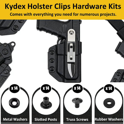 Super Slick Black Chicago Screws Fourteen Pack, Number Eight Thirty Two By One Quarter Inch Hardware For Pistol Sheaths And Kydex Builds, showing Kydex holster clips with assorted screws and washers.