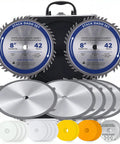 Top Shelf 8 Inch Stacked Dado Blade Set Packing 42 Razor Sharp Teeth And 24 Precision Shims For Standard Five Eight Inch Arbor Table Saws Cuts Clean Like Butter Without Breaking A Sweat, shown in storage case.