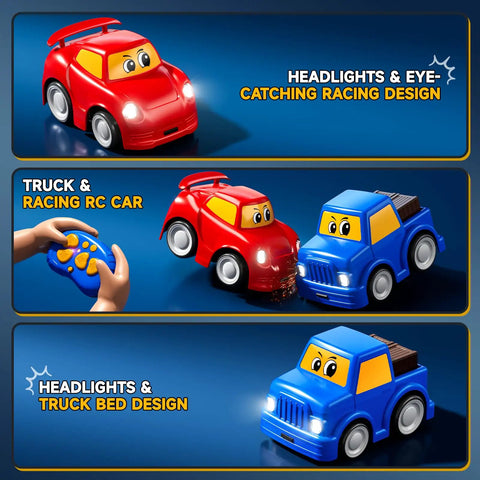 Twin Remote Control Cars For Toddlers 2 Pack Blue Truck And Red Race Car 2.4 GHz showing headlights and remote control use.