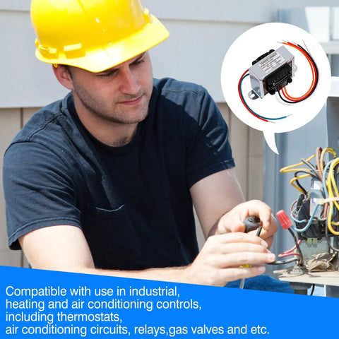 Technician installs 24V 50VA Control Transformer For HVAC Furnaces With Isolation Multi Tap Primary 120V 208V 240V And 24V Secondary.