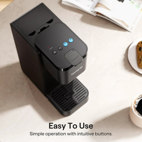 All In One Compact Coffee Maker For K Cup Pods Ground Coffee And Tea Leaves Brews Dope Hot Bold And Over Ice In 6 To 16 Oz Sizes Perfect For Small Kitchens Dorm Rooms Or Office Black Version Two with intuitive buttons on countertop