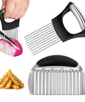 Onion slicer holder made of stainless steel with ergonomic black handle and multi-prong cutter