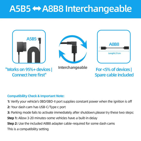 Plug And Play Dash Cam Hardwire Kit With OBD Power Cable USB Type C Adapter interchangeability with A5B5 A8B8 cables.