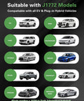 Image showing various car models compatible with J1772, related to Level 2 EV Charger For Home And On The Go, 40 Amps At 220 To 240 Volts, 9.6 kW Fast Charge, 25 Foot Cable With NEMA 14 50 Plug, Plug And Play Ready, Adjustable Current And Delay Charging, J1772 Compatible Portable Electric Vehicle Charger.