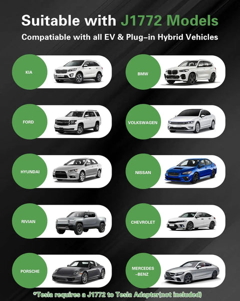 Image showing various car models compatible with J1772, related to Level 2 EV Charger For Home And On The Go, 40 Amps At 220 To 240 Volts, 9.6 kW Fast Charge, 25 Foot Cable With NEMA 14 50 Plug, Plug And Play Ready, Adjustable Current And Delay Charging, J1772 Compatible Portable Electric Vehicle Charger.