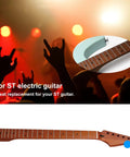 22-Fret Strat-Style Electric Guitar Neck With Canadian Roasted Maple Matte Finish 14-Inch Radius Fingerboard Bone Nut Polished Edges Ready For Replacement Or Upgrading Your Rig. Strat-style maple neck with 22 frets and 14-inch radius, shown in side view